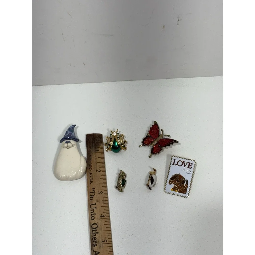 Vintage Brooch Pin Lot 6 Bug Green Cat Owl Penguin Butterfly Rhinestones Animals